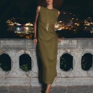 Olive Green Linen Midi Dress